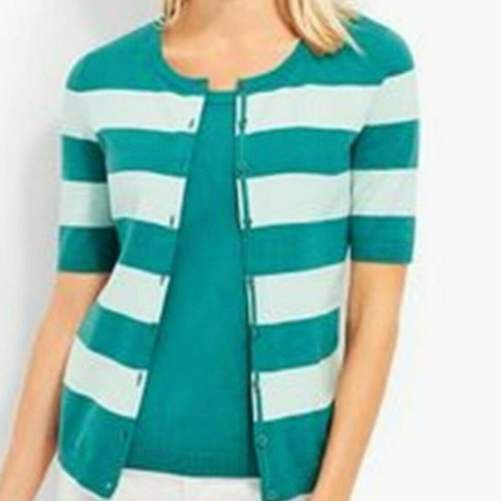 TALBOTS DARK AQUA STRIPED ELBOW SLEEVE CARDIGAN SWEATER SIZE LP